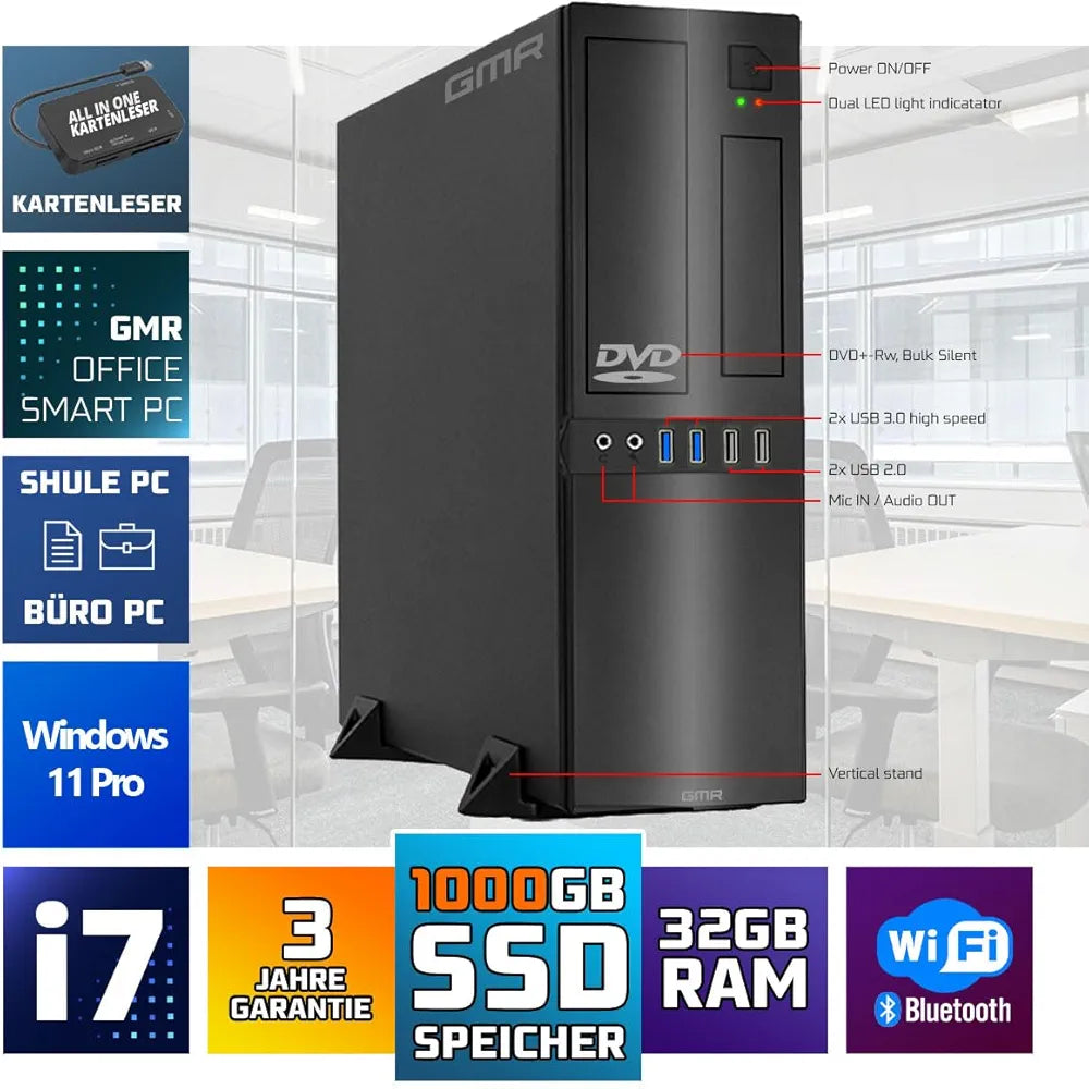 GMR Ultra Slim i7 Office PC - Business Office Computer | 3 anni di garanzia | 32 GB di RAM | 1000 GB SSD | DVD±RW | USB 3 | Windows 11 Prof | Bluetooth WiFi